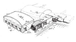 At the School District 166 School Board special meeting on Tuesday, July 10, school board members reviewed floor plans and architectural sketches of what the school campus would look like if the community center and aquatics center were attached to the west end of the school building. Architect Dan Miller of JLG Architects presented two drawings. They were very similar except for roof design. There was considerable discussion of the merits of different roofing materials. At public meetings later in the week, Miller planned to present more detailed design plans.