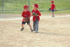 Above: Playing on the Grand Portage T-ball team, Christopher Rankin and Nicholas Spry share a laugh as they get ready to play. Right: Ray Dressely of the Turtles lobs the ball to a teammate in a recent T-ball game.