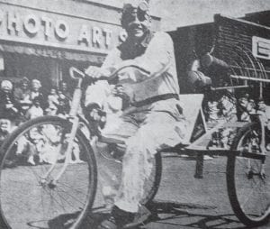 The Fisherman’s Picnic parade always has a few unique entries, such as this Steve Benson creation. Steve took the prize for “most original” in the 1962 parade with a three-wheeled, outboard motor-driven vehicle. Steve built the contraption himself.