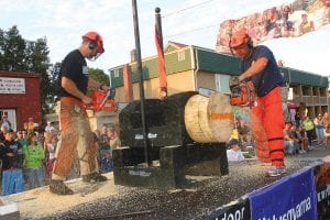 During the stock saw contest, there was a friendly competition between Aaron Mielke (right) of the Minnesota Department of Natural Resources and Vance Hazelton of the U.S. Forest Service. The Forest Service won this round. The foresters will likely meet again next year at Lumber Camp.