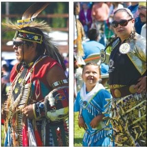 The Grand Portage Traditional Powwow had nearly 500 dancers in a variety of regalia. Above left: Along with intricate beadwork, beautiful natural materials—feathers and quills—adorn this dancer’s regalia. Above right: This jingle dancer followed emcee Murphy Thomas’s call to “dance your style” with a big smile.