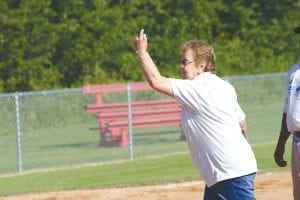 There was an extra-special moment in the Rendezvous Days Tournament for Team Deschampe, when Veronica Olson, the last of the 10 brothers and sisters of her generation and Butch Deschampe, the oldest male cousin in the Deschampe family took the field so Veronica could throw the first pitch. There were cheers of “Go Grandma O!” and “Yeah, Grandma!” as she happily started the game. She then turned the ball over to Roger “Hotchie” Deschampe, Sr., who actually pitched in the game against a Cloquet team. Veronica’s granddaughter Shaunna Wood noted that Team Deschampe had the “Greatest Deschampe” start the game!