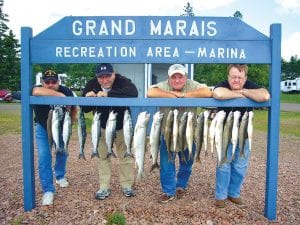 Buzz Sharp, Terry Moore, John Draxton and Chuck Mossefin with their limit of trout and six salmon caught while fishing with Captain Jerry Skarupa aboard Secret Lures on Monday, August 13. Captain Jerry also got his trout limit. A great day on the lake!