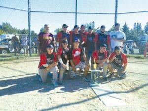 The champions of the Grand Marais Lions Club Fisherman’s Picnic softball tournament were (L-R, front) Tanner Murray, Johnny Hanna, Brandon Shaw, Skyler Murray, and Chris Limer. (L-R, back) Ron Quello, Jason Donek, Brett Blindauer, Eden Murray, Shane Brown, Brandon Donek, Kyle Anderson.