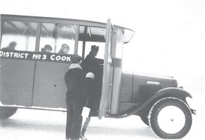 As local children return to school, we thought it would be a great time to run this photo shared with the News-Herald by Anna Speck of Grand Marais. The photo is from 1938 and Adolf Everson is the driver. A note on the back of the photo explains that the Ellquist kids are getting on the bus. Oscar, Anna and Gladys Everson are sitting on the school bus.