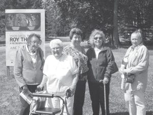 A group of Elders traveled to Thunder Bay to see Vision Circle: The Art of Roy Thomas at the Thunder Bay Art Gallery. The exhibit brings together over 60 of Thomas’s colorful and symbolic paintings. The group was delighted to visit with Roy Thomas’s wife, Louise Thomas. (L-R) Mayme Swader, Bernice LeGarde, Louise Thomas, Ellen Olson, Dottie Griffith.