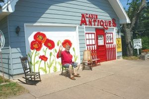 Leo Reichert enjoys welcoming people to his business Cabin Antiques on Highway 61 in Grand Marais. He also wanted to welcome people to Grand Marais with some cheerful artwork. He recruited his friend, Lisa Stauffer who normally works in pastels but took on the challenge of painting bright poppies on Leo’s larger than life canvas. To see more of Stauffer’s artwork, on traditional canvas, visit her website http://lisastauffer.com.