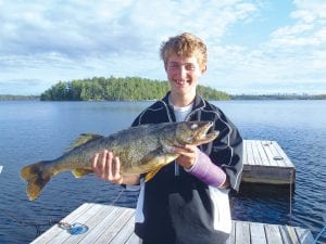 Above: A father and son who are camping stopped in at the Sagonto Resort dock on Monday, August 27 and asked to borrow a fish scale. They were trolling on the big lake of Saganaga in 80 feet of water and caught a nice lake trout. Scott Welch, 14, also caught this 10-pound 5-ounce walleye. He and his dad Greg were thrilled but when they tried to release the fish were saddened that it was too injured by the hook to survive. The big fish then became a delicious walleye dinner!