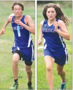 Above left: After a summer nursing a leg injury, Nate Carlson is recovering nicely and running well. Here Nate sprints for the finish line at the Hibbing Invitational, crossing the line in19:39 for 5K to break 20 minutes for the first time this year. Above right: Showing strong running form, Abigale Seipke finished 43rd at Hibbing to help lead the girls varsity to a 5th place finish at Hibbing. Abi ran 18:19 for 4K.