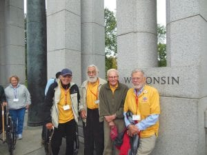 The Cook County contingent of the October 9, 2012 Northland Honor Flight at the World War II Memorial in Washington, D.C. (L-R) Rolf Skrien, Leonard Sobanja, Ken Rusk, Lyle Gerard.