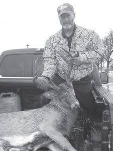 Kim Linnell is in second place in the antler spread category of Buck’s Hardware Big Buck Contest. His buck has an impressive rack with interesting brow tines. The antler spread measured 21.5 inches.