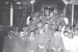 The 1960 confirmation class at St. John’s Catholic Church was a very large group. Over thirty confirmands posed for their photo with Bishop Schenk. Among them (in the back row) was Marie Williamson, who is now Marie Williamson Spry. Marie was featured in the Cook County News-Herald last week after making a trip to Rome in October 2012 to be a representative of the Holy Rosary Church of Grand Portage at the canonization of St. Kateri Tekakwitha. In the photo are a number of other well-known community members, some no longer with us. (L-R, front) David Beckwith, Jim Ridgeway, Terry Gordon, Fritz Sobanja, Eddie Olson, Margaret Wishcop. (L-R, second row) Francis Johnson, Dick Dorr, Leonard Sylvester, unidentified, Kay Backlund, Carolyn Wojtysiak. (LR, third row) Jack Blackwell, Steve Wishcop, Allen Sjoberg, Harry Dryseth, Diane Dunder, Cheryl Skou, unidentified. (L-R, fourth row) Clifford Curtis, unidentified, unidentified, Bill Stubsad, Nancy Oswald. (L-R, fifth row) Johnny Sundquist, Billy Gordon, Bill Sjoberg, Fred Schmidt, unidentified. (L-R, sixth row) Rick Tofte, Tony Morasko, unidentified, Kathleen Gordon, John Wright. (L-R seventh row) Marie Williamson, Dennis Sylvester, Bishop Schenk, Mary Jo Blackwell, Mary Dryseth.