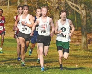 Wearing bib number 245, Kieran Scannell battles for the lead in his last high school cross country meet for Phillips Exeter prep school located in Exeter, New Hampshire. Scannell was unbeaten in the prep school ranks this fall. He is the son of Lynn Swanson and Tim Scannell of Grand Marais.