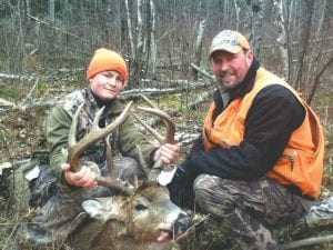 Jaret Baker, 14, of Grand Marais got this very nice buck while hunting on the Gunflint Trail. The buck weighed in at 218.6 pounds. The antler spread was 17½ inches wide, a nice, tight basket that measured a rough score of 149.7. Jaret got the buck on his own, but his dad, Bob Baker, was nearby to help get it out of the woods.