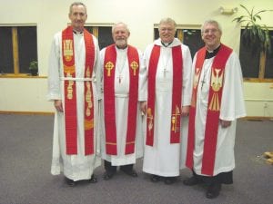 On Sunday, December 2, the Life in Christ Lutheran Church installed their newly called pastor, the Reverend Dean Rudloff. Officiating at the service were (L-R) Rev. David Schoessow of Christ Lutheran Church, Superior, Wisconsin; Rev. Dean Rudloff; Rev. Don Fondow, Minnesota North District President; Rev. Robert Franck, Lake Superior Circuit Counselor.