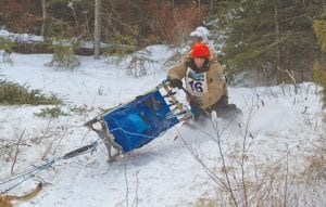 Frank Moe of Hovland was one of several mushers who took a tumble on the tight downhill corner leading to Hungry Jack Lake. Fortunately Frank and the other mushers were not hurt.