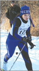 Left: In her first junior varsity race at the Korkki Nordic Ski Center, Sarah Larsen finished the 6k loop in 41:02 to finish 41st place. Above: Just a seventh grader, Andy Kern, No. 34 placed 32nd in the junior high division. Kern’s 5k time was 24:13.