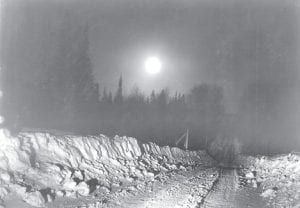 Joe Spitznagle, the education advisor for Civilian Conservation Corps Camp 722 in the Hovland area, took this photo of the McFarland Road (now the Arrowhead Trail) in 1936. In a photo album of his CCC days, Joe wrote that this is “the road from Camp 722 to Portage Brook.” Enjoying winter was encouraged in an editorial in the camp newsletter, the 722 Camp Chips. The editorial states, “Co. 722 is situated in a country where all types of winter sports are available. We have hills where toboggan slides and ski slides can be built. We also have lakes or places to make skating rinks, where hockey, skating and broomball can be played. The boys in this camp should get out and enjoy all the winter sports for you may never have the opportunity to do so after you leave this camp.”