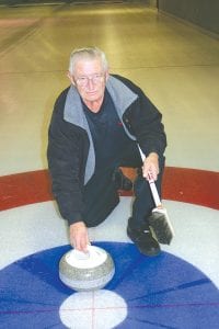 Left: Ron Gervais Sr. is pictured here warming up for his 5,999th match. As remarkable as his game total is, what might be more remarkable is his never missing a league game in his 50 years of curling.