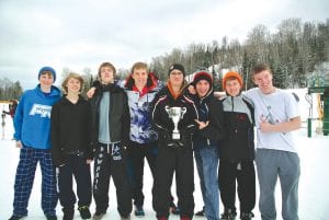 The Cook County/Silver Bay Viking boys took first place in the Centennial Race at Giants Ridge, the largest Alpine event of the season. The winning boys are (L-R) Will Lamb 8th grade; Logan Backstrom, 8th grade; Charlie Lawler, 11th Grade; Kyle Martinson, 12th; Team Captain Anders Zimmer, 12th; Luke Fenwick, 12th; Colin Berglund, 12th; Dexter Yoki, 12th.