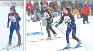 Above left: Wearing bib No. 202 (and a big smile), Rusty Day finished 20th to lead the Vikings in the Junior High race at the Duluth East Invitational Pursuit Race. Above: Just a first year skier, Matea Acero, No. 241 is the top JV skier for the girls and her coaches say she is getting better every week. Left: Ben Seaton powered his way to the finish in the skate portion of the Duluth East Invitational Pursuit Race held January 26 at Snowflake Ski Center. Seaton placed 24th overall after picking up two places in the classic race.