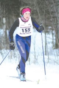 Above: Skiing strong, Mara MacDonell was half of the Vikings’ two woman show at Giants Ridge. She finished with a time of 48:08. Right: Audrey Summers was the overall top finisher for the Vikings, coming in 30th with a total time of 45:59.