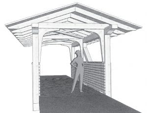 City officials are seeking input from residents expressing their preference for the design of a footbridge at the northeast entrance of the Grand Marais Recreation Park. The design illustrated above stands 10 feet, 3½ inches tall and features a roof. It is 20 feet long, 8 feet wide, and the side rails measure about 4 feet high. The dimensions of the second model under consideration are similar, but without the roof.