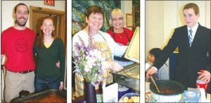 Above left: Steve and Deb Veit were winners for a second year in a row, this time coming in second in the judges’ choice category with a slightly different version of last year’s first-place recipe. Above middle: Printha Moe and Helena Blake presented their chili and muffins beautifully, with smiles and a bouquet of flowers. Above right: Levi Axtell presented his chili formally. Perhaps he should have won a best-dressed-competitor award.