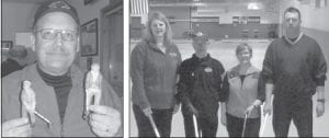 Above left: Master Carver Bruce Futterer donated unique curling figures to the silent auction. Above right: The Kelly Swearingen rink was winner of the C event (L-R) Kelly Swearingen, Bob Spry, Joanne Smith, Shawn Swearingen. Left: The A event winner was the Ron Kowalchuk rink of Thunder Bay.