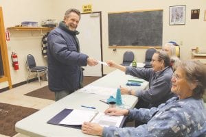 Twenty-seven people turned out to vote in the Lutsen Township Election on Tuesday, March 12, 2013. Election judges Mary Thornwall, Nancy Hansen and Joan Hall were on hand to oversee the process. Hansen is handing a ballot to voter Jerry Lilja.