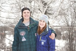 Siblings Brian and Elizabeth Wallace, whose mother, Kathy (Saethre) Wallace, grew up in Grand Marais, achieved great success in ski jumping competitions this winter season. Top: Brian in mid-air.