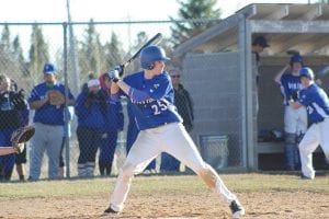 Left: Showing a classic batter’s stance, Joe Borud will be counted on this year to swing a hot bat for the Vikings. Above: Senior pitcher Kale Boomer will be integral to keeping his team in games with his arm, his bat, and when he’s not pitching, his glove work.