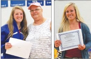 Left: Pam Taylor presented a scholarship to Rachel Wieben from the Memorial Blood Center. Wieben took over coordinating the school blood drive from Taylor. Right: A new scholarship—the O.W. Newell Memorial— was presented to Sarissa Falk, an avid runner and determined young woman.