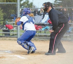 Viking catcher Maddie Roy held a runner on first base with her quick throw to second base on this play in a game played last week at home. The Vikings head into the playoffs this week, completing the weather-shortened season which was squeezed into three weeks because of the late winter snow.