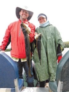 Brad and Chauncey Germin of Doylestown, Pennsylvania visited Cook County on their honeymoon two years ago and enjoyed a day of fishing with Joe Carlson of Joe’s Inland Guide Service in Grand Marais. They returned to the North Shore for their second anniversary and had another great day of fishing with Joe. Despite the rain, they managed to net a 30-inch northern and a 19-inch walleye at a local lake.