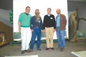 Several panelists working on preserving the quality of North Shore rivers spoke on the process of forming river associations at a conference called River People – North Shore Stewardship Conference at Wolf Ridge Environmental Learning Center in Finland, Minnesota on May 18, 2013. (L-R) Event organizer Andrew Slade of the Minnesota Environmental Partnership and panelists Mike Schelmeske (Cascade River), Tom Rider (Poplar River), and Eric Mead (Knife River).