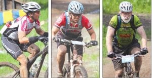 Above left: Looking a tad bit muddy, Jennifer Barrett, Lutsen, was the first Cook County female finisher in the 39er race in 55th place. Above center: Placing first in her age group in the 39er race was Cook County High School track and cross country coach April Wahlstrom. Above right: Riding hard and steady, Tim Kennedy placed second in the 60-plus age group category in the 39er race.