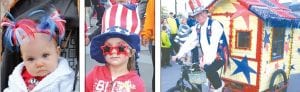 The fourth of July parade in Grand Marais was small but colorful and followed the Grand Marais tradition of going around twice. Above left: This little parade-goer probably didn’t understand what was being celebrated, but she was decked out for the occasion anyway. Above middle: The fact that evening was falling didn’t stop this celebrant from wearing her patriotic sunglasses. Above right: Dan Helmerson of Grand Marais pedals the Tourist Information Center float down the street. Left: News-Herald editor Rhonda Silence (waving flag at right) gets to make the news instead of report it as a Girl Scout leader.