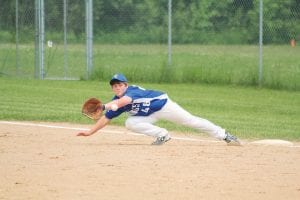 Above: Showing nice glove work at first base, Jaret Baker takes a hit away with this great fielding play. Left: Frankie Miller gets ready to deliver some “heat” to the opposing batter.