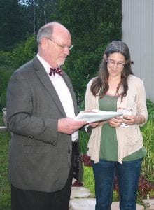 Kirstin DeArruda Wharton and Dr. Edward Ehlinger, Minnesota Commissioner of Health, discuss some of the programs the Active Living Steering Committee has begun in Cook County. Ehlinger met with a group of 18 Cook County residents and a big fat woodchuck at the Community Garden in the Grand Marais Recreation Park. The woodchuck was an uninvited guest.