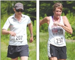 For the “umpteenth” time Braidy Powers (above left) won the Fisherman’s Picnic men’s 5-mile race walk title, but Lisa Topp (above right) of Silver Bay was hot on his heels to take the women’s division and nearly win the race outright.