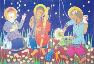 Prayers for Eden, an exhibit by Grand Marais artist Marce Wood includes these beautiful Prismacolor pencil works. Above: In the Gifts of the Magi, three wise women share their gifts. Left: Baptism of Christ is a poignant scene with a touch of whimsy—North Shore fish are in the peaceful water.