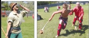 Above left: Dave Bates of Thunder Bay didn’t win the Rugged Voyageur Contest, but he showed good form when it came time to chug a cup of water voyageurstyle. Above right: Taking no quarter, this young man gives his all for the win in a vigorous game of lacrosse on the Great Hall lawn on Saturday of Rendezvous.