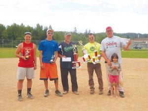 Left: After an exciting weekend of ball-playing at the Rendezvous Days Softball Tournament, tournament organizer MaryAnn Gagnon presented awards. (L-R) Female MVP Samantha Mattson of Team Murray; Male MVP Brandon Smith of The Neighborhood; Harry Shears, captain of 3rd place winners The Neighborhood; Joey Pedersen, captain of 2nd place winners North Shore Waste; and Edin Murray, captain of the champion team Team Murray (with his daughter). North Shore Waste also earned the trophy for best sportsmanship. They entertained fans with their “garbage” chant, accompanied by clanging trash can lids throughout the weekend.