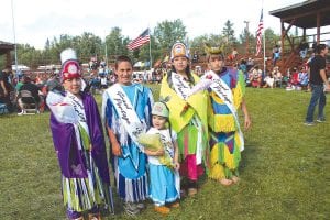 Several young people competed for the honor of representing Grand Portage in the coming year. Judges had a difficult time selecting this year’s royalty as all of the youths bravely danced in the powwow circle in front of hundreds of people. Earning the honors this year were (L-R) Junior Princess ShaeLyn Novitsky, Junior Brave Isaah Deschampe, Tiny Tot Princess Holly Dahl (in front), Princess Samantha Scalise, Senior Brave Cody Tessor.