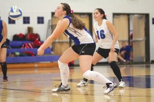 Megan Lehto gets set to bump the ball to the frontline in the game against Cromwell while Sarah Deschampe (16) is ready to assist if she has to. The Vikings lost 3-2 to Cromwell, dropping their record to 2-1 on the season.