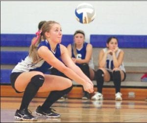 Above: Morgan Mixdorf was in perfect position to bump this ball to her frontline in the game against Esko last Tuesday night. After four long games, the 3A school with the big lineup won, but just barely. Right: Jessica Berg-Collman made a nice set on this play to Linden Sutton. Far right: Anna Carman bumped the ball over the net against Esko. Players on the Viking team stepped up their play against the Eskimos in a highly entertaining, well-played match.