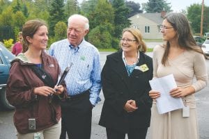 Former U.S. Congressman Jim Oberstar spoke to a large group of people at the kickoff for Moving Matters last week and then went for a half hour hike with about 20 people. Just before the walk he talked with Kristin DeArruda-Wharton (far right), Sharon Berglund, and on his left, Shannon McGrath, a senior transportation planner for the Minnesota Department of Transportation, who also addressed the crowd.