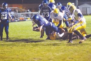 Vikings’ fullback Jacob Schroeder muscled his way through several Deer River defenders to score the two-point conversion following his long touchdown run late in the first half against the Deer River Warriors. Schroeder had an outstanding day running the ball for the Vikings.