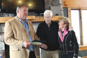 Above: At the groundbreaking celebration for Superior National at Lutsen, Senator Tom Bakk presented George Nelson with a Cook County Chamber of Commerce “Visionary” award. (L-R) Senator Bakk, George and Patty Nelson. Left: At the groundbreaking for the Lake Superior Water District pipeline, David Dill spoke of the environmental benefits of the new pipeline versus taking water out of the Poplar River.